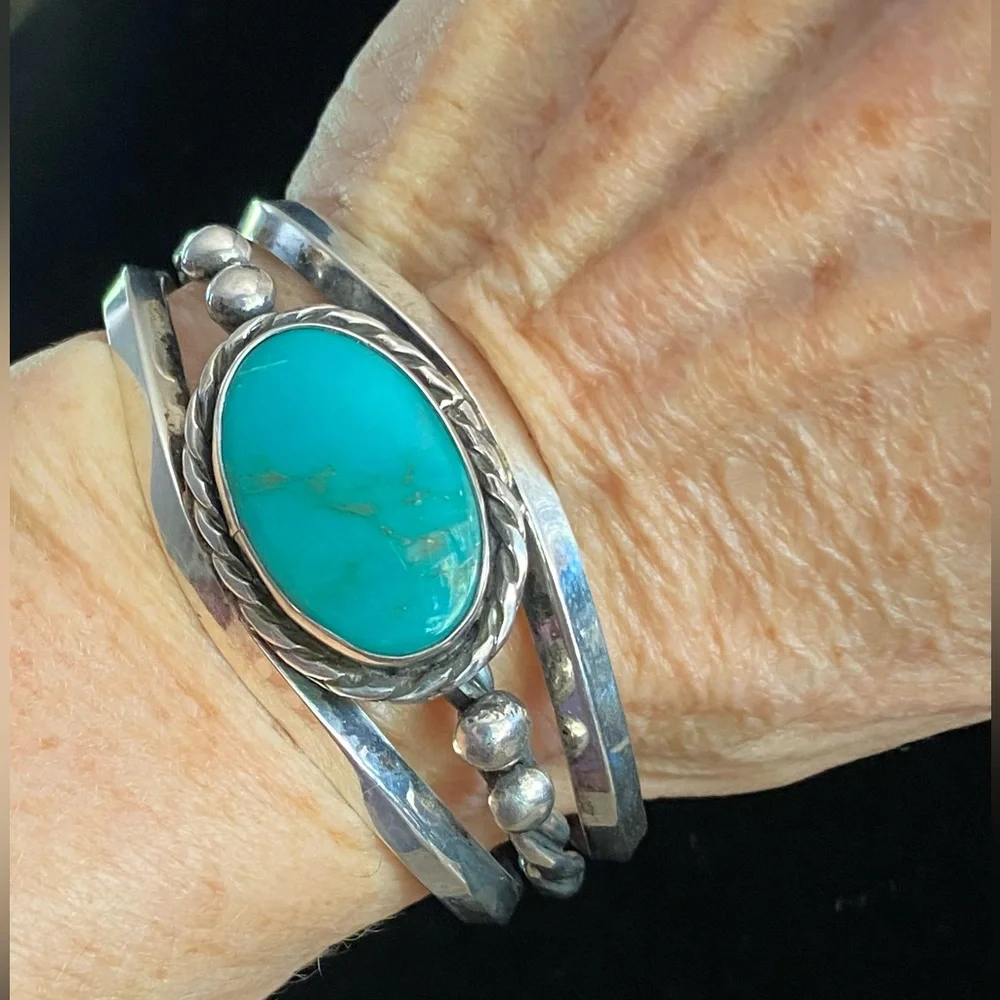 Native Am Navajo Silver & Turquoise Bracelet Beautiful Vintage Cond 6-7” wrist - Picture 6 of 12